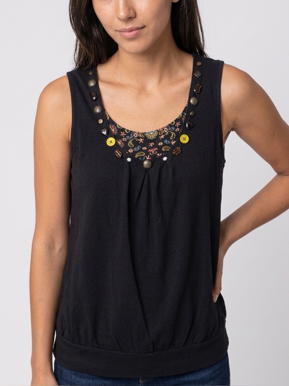 RBX Black Beaded Tank Top with Embroidery